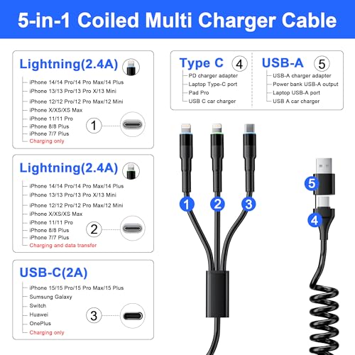 Versatile 5-in-1 Coiled Charging Cable – MFi Certified USB A/USB C to Lightning, Type-C & Micro USB – Tangle-Free Design for Car & Home – Fast 2.4 A Charging Speed for Seamless Data Transfer & Compatibility with Apple Devices – Ideal for Professionals & Families