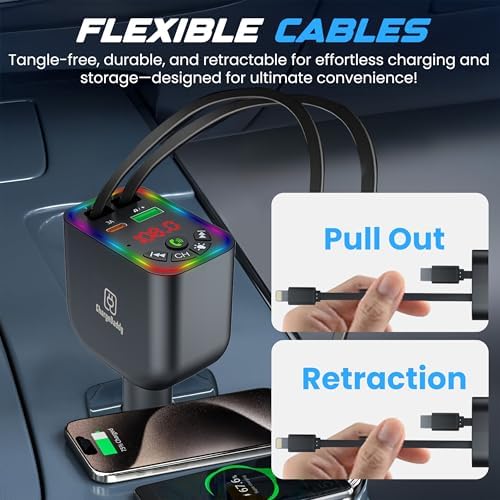 Advanced Bluetooth 5.3 Car FM Transmitter with 120 W Power Output, Retractable 80 cm Cables, Digital Display, Noise-Canceling Hands-Free Calling & Dual Device Charging for Ultimate Road Convenience and Safety