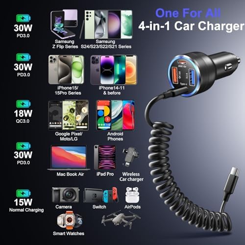 Bangfun 65 W USB C Car Charger – 4-Port Dual 12 V Fast Charging Adapter with PD & QC3.0 Technology, Includes 5 ft Type C Coiled Cable for i Phone 15/16 Pro Max and Samsung S25 – Ultimate Power Solution for Road Trips and Family Travel