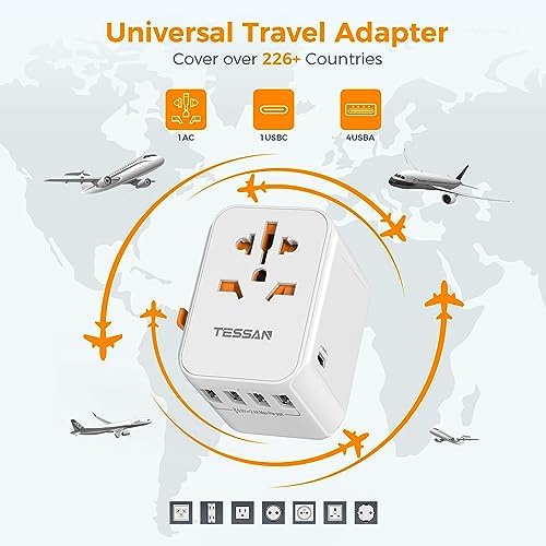 TESSAN 100 W Ga N Travel Adapter with 5 USB Ports – Universal Power Converter for Global Charging in 200+ Countries, Fast Charging Solution for Laptops, Smartphones & Tablets – Compact & Lightweight Design for Effortless Portability