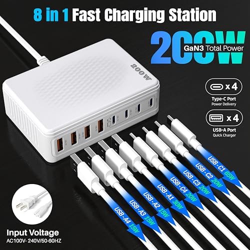Transform Your Charging Game with the 200 W Ga N III 8-Port USB-C Fast Charger – The Ultimate Power Hub for i Phone 16/15, Mac Book Pro/Air, Dell Laptops & Steam Deck – Experience PD 65 W & QC4.0 Fast Charging for Home, Office, and Travel – Compact, Efficient Design for On-the-Go Use