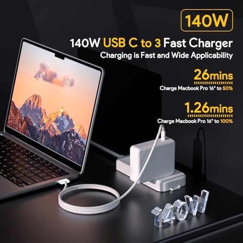 Ultra-Fast 140 W Mac Book Pro Charger with 6.6 FT USB-C to T-Tip Magnetic Braided Cable – Optimal Compatibility for 2021-2024 Models Including Mac Book Pro (14 & 16 Inch) and Mac Book Air (13 & 15 Inch) – Lightning Speed Charging in Just 1.26 Hours – LED Indicator for Charging Status – Durable Design for Everyday Use – Perfect for On-the-Go Power Needs