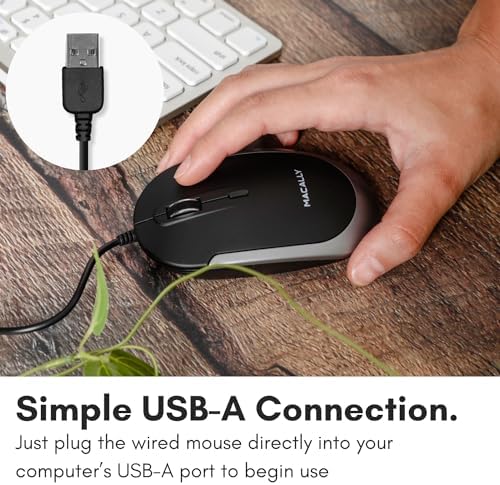 Sleek Silent Wired Computer Mouse for Mac & PC – Macally Ergonomic USB Optical Mouse with Adjustable DPI for Ultimate Precision – Compact, Lightweight Design Ideal for Office & Travel – Noise-Free Clicks for Distraction-Free Work Sessions
