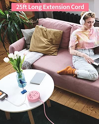 Stylish 25 ft Rose Pink Extension Cord by NTONPOWER – Flat Plug Power Strip with 3 AC Outlets & 2 USB Ports, Versatile Wall Mount Charging Station for Home, Dorm, or Office – ETL Certified for Enhanced Safety and Performance