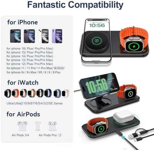 Dual Wireless Charging Station for Mag-Safe: 15 W Fast Charger Pad for i Phone 16/15/14/13/12/Pro/Max, Air Pods & Apple Watch Series 10/9/8/7/6/SE/5/4/3/Ultra 2 – Sleek Design with Enhanced Safety Features and Efficient Device Alignment