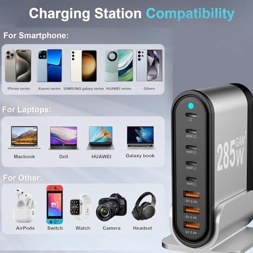 285 W USB-C Fast Charging Hub – 8-Port Multi-Device Power Adapter for Laptops, Tablets & Smartphones – Ultimate Solution for Mac Book Pro/Air, DELL, i Pad Pro/Air, i Phone 16/15/14, Galaxy S23/22 – Compact Design with Advanced Safety Features for Optimal Performance and Efficiency