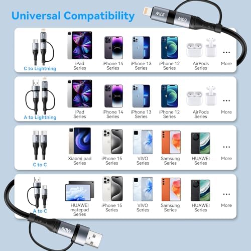 Versatile Coiled Lightning Cable Set [2-Pack, 4 FT] – 4-in-1 Premium MFi Certified Fast Charging Cable with 60 W Power Delivery, Retractable Design for i Phone 15/14/13/12/11 Pro Max, i Pad, Air Pods & Mac Book – Tangle-Free Convenience for Home & Travel