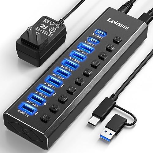 LEINSIS Ultra-Fast 10-Port USB Hub 3.2 – Premium Aluminum Design with 2 USB-C & 7 USB 3.0 Ports for Lightning-Speed Data Transfer – Individual On/Off Switches & 12 V Adapter for Ultimate Device Control and Compatibility