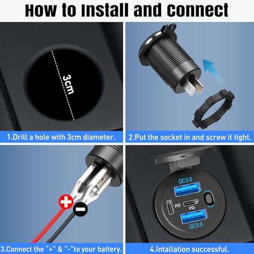90 W Dual PD & Quick Charge 3.0 Qidoe USB C 12 V Car Charger Socket – 2 Pack for RVs, Boats, Trucks & Motorcycles – Waterproof 4-Port Design with Power Switch for Fast, Efficient Charging on the Go
