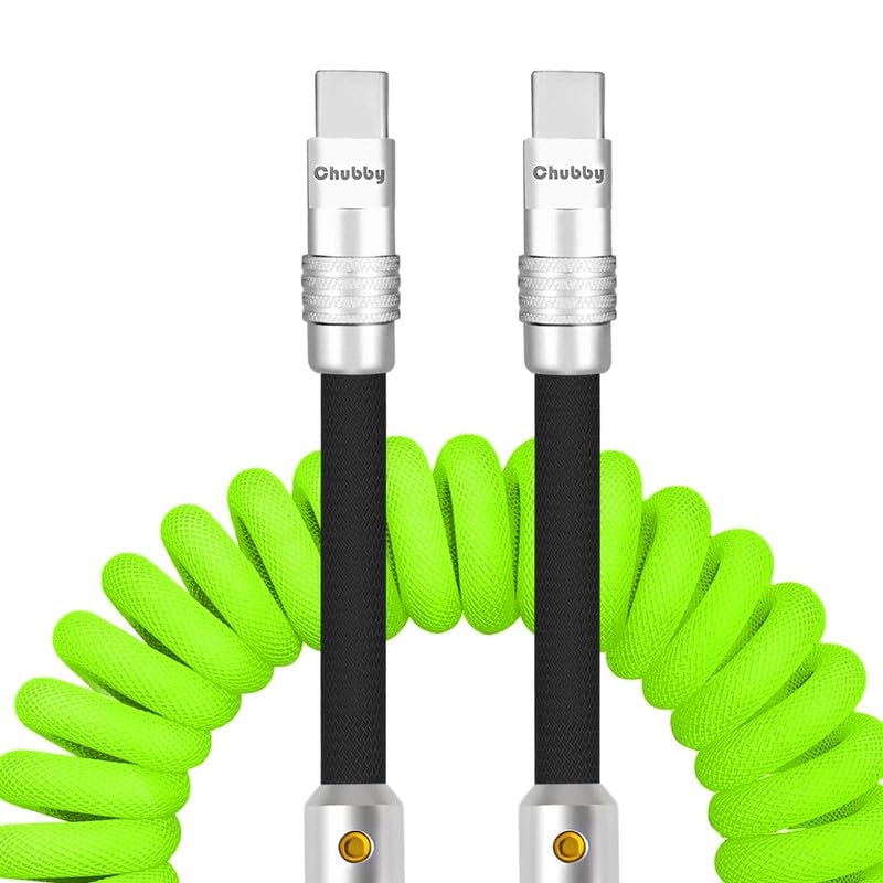 Experience Unmatched Charging Versatility with the Chubbycable Curly Chubby – 240 W High-Speed Retractable USB-C Cable, Extends 2.29 to 3.6 FT, Ideal for Car Play & Android Auto, Stylish Dark Blue and Green Coiled Design for Effortless Organization and Durability
