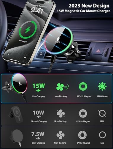 MOKPR 15 W Mag Safe Car Charger & Magnetic Phone Holder – Effortless Fast Wireless Charging with Dynamic LED RGB Lighting for i Phone 15/14/13/12 Series – Stylish Dash & Air Vent Mount for Enhanced Driving Experience and Convenient Accessibility