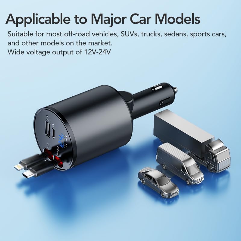 Ultimate 4-in-1 Retractable Car Charger – 60 W Super Fast Charging for i Phone 11-16, Galaxy, Pixel & Air Pods 4 – Dual USB Ports & Tangle-Free Cables for Maximum Convenience on the Go – Compact Power Adapter for All Your Devices