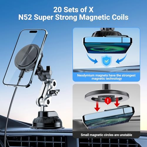 Aluminum Alloy Magnetic Car Phone Holder with 15 W Fast Charging – 360° Adjustable Rotation for Optimal Viewing, Secure Large Suction Cup for Windshield & Dashboard, Perfectly Compatible with i Phone 16/15/14/13/12 Series and All Qi-Enabled Devices – Effortless Navigation & Charging on the Go
