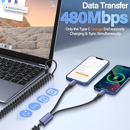 90-Degree USB Type C Coiled Multi-Charging Cable – 5.9 ft Fast Charging Y Splitter for Laptops, Tablets, Power Banks & Smartphones – Enhanced Durability & Versatile Compatibility