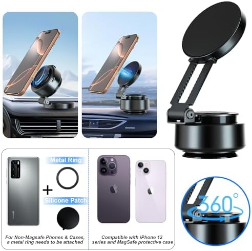 Magnetic Mobile Phone Holder for Car, 360 Adjustable Rotation Electric Vacuum Suction Cup Phone Mount with Extendable Arm, Compactable & Portable Hands-free Cell Phone Holder for Car Outdoor Home – Enhanced Compatibility and Speed