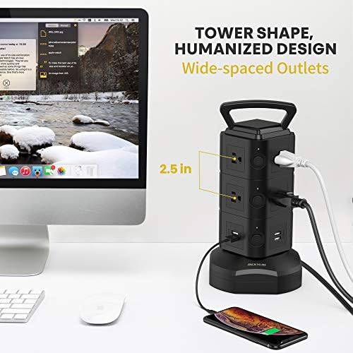 JACKYLED Power Strip Tower Surge Protector with 12 Outlets and 6 USB Ports (2 USB-C) – High-Speed Charging Station with 1050 Joules Protection, 1625 Watts, 6.5 ft Extension Cord for Enhanced Home Office Efficiency and Device Safety