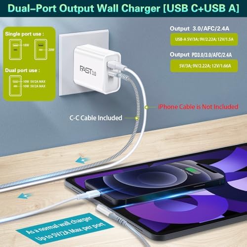 Dual Port Fast Charging Wall Adapter with 10 FT Right-Angle USB C Cable – 20 W USB-C Power Block for i Phone 16/15, Samsung Galaxy S25 Ultra, S24, S23, S10 – Efficient Charging Convenience for Home, Office, and Travel