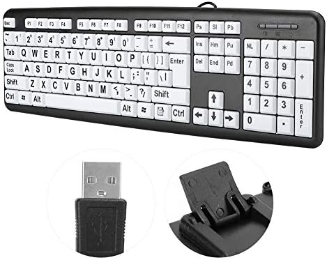 Large Print 104 Keys USB Wired Keyboard for Seniors and Visually Impaired – High Contrast Black & White Keys for Enhanced Visibility and Comfort – Ideal Computer Accessory for Low Vision Users