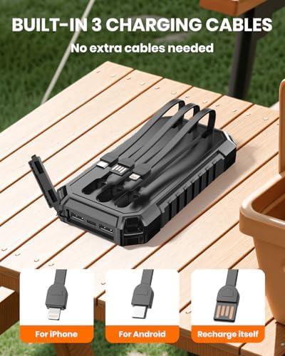 Hiluckey 27,000 m Ah Solar Power Bank with Built-in Cables – Ultra-Fast 15 W Outdoor Battery Pack for i Phone & Android – Charge 5 Devices at Once with Dual USB-A & USB-C Ports – Perfect for Camping, Travel, and Emergency Power Needs – Dual LED Flashlight for Enhanced Versatility and Safety