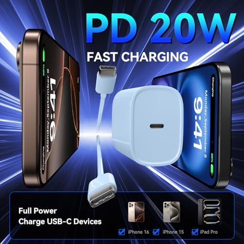 Unlock Rapid Charging Efficiency with the 20 W USB-C Power Adapter and 10 ft Cable – Ideal for i Phone 16, 15 Pro, and Galaxy S24 for Ultimate Portability and Convenience