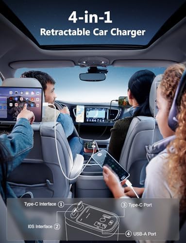 Celestial Power: 4-in-1 Starlight Retractable Car Charger with Fast Dual USB Ports – Compatible with i Phone 15/14/13 – Innovative Tangle-Free Charging Solution for Enhanced Portability and Style