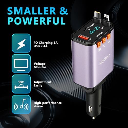 Revamp Your Drive with the 5-in-1 Retractable Car Charger: 60 W Fast Charging, Bluetooth 5.3 FM Transmitter, Hands-Free Calling & Integrated MP3 Player – Dual Retractable Cables & USB Ports for Ultimate Connectivity (Purple) – Elevate Your Mobile Experience on the Go!