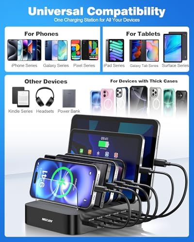 MSTJRY Multi-Device Charging Station: 6-Port USB Fast Charger Hub for Family Organization – Sleek Black Dock for i Phone, i Pad, Android, and Tablets – Smart Charging Technology with Safety Features for Efficient Power Management