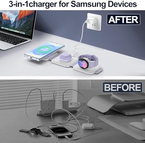 Compact 3-in-1 Foldable Wireless Charging Hub for Samsung Devices – Ultimate Travel Solution for Galaxy S25 Ultra, S24, Z Flip 6/5, Watch 7, and Buds Pro3 – Safe, Sleek, and Efficient Docking Station for All Your Charging Needs – Ideal for Home, Office, and On-the-Go Power Management – Space-Saving Design with Advanced Safety Features – Includes USB Type-C Cable and 18 W Power Adapter – Elevate Your Charging Experience with This Versatile, Multi-Device Station