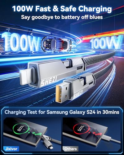 Ultimate 4-in-1 USB C to Lightning Charging Cable – 60 W High-Speed Power & Rapid Data Sync for i Phone, Samsung, i Pad – 10 FT Multi-Device Charger with Car Play & Android Auto Compatibility – Robust, Durable Design for Everyday Use