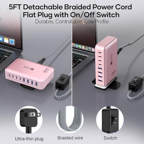 Transform Your Charging Routine with the 200 W 8-Port Fast Charging Hub – Multi-Device USB Station Featuring 65 W Laptop Adapter, Space-Saving Flat Plug, Durable Braided Cable, and User-Friendly On/Off Power Control for Optimal Performance and Safety
