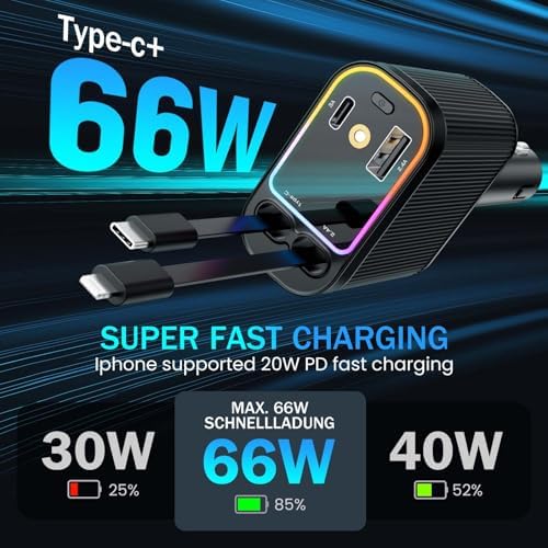 Starlight Enhanced 66 W USB-C Fast Car Charger – 4-in-1 Retractable Adapter with Dual USB Ports for i Phone 16/15/14/13/12/11 & Android Devices – Ultimate Convenience for On-the-Go Charging in Sleek Black Finish