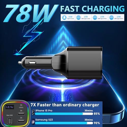 Ultimate AGEMANY 4-in-1 Retractable Car Charger: 78 W Fast Charging USB C Adapter for i Phone 16/15/14/13/12 & Android Devices, Stylish Cigarette Lighter Accessory with RGB Illumination – Perfect Gift for Tech-Savvy Drivers