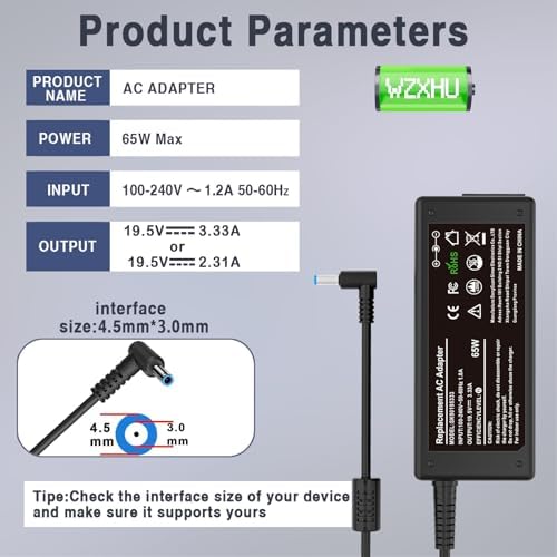 Efficient 65 W USB-C Laptop Charger for HP Spectre, Envy, Elitebook & Chromebook – Fast Charging Power Adapter with Universal Compatibility for Travel & Home Use – Optimized for Performance & Safety