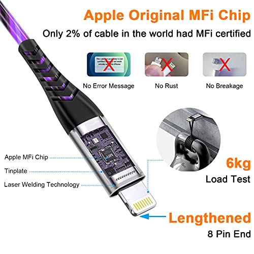 Vibrant LED Lightning Charging Cable for i Phone – MFi Certified 6 FT Fast Charge USB Cord with Dynamic RGB Light-Up Feature for Enhanced Compatibility and Performance with i Phone 14, 13, 12, 11 Pro Max, XR, X, SE, 8 Plus, i Pad, and i Pod – Durable and Stylish Tech Accessory for Home and On-the-Go Charging