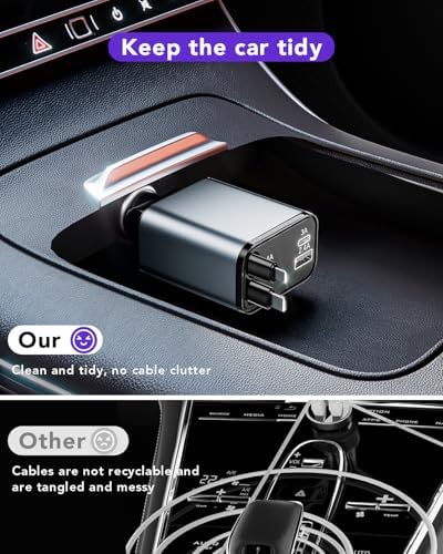 2025 Ultra-Compact 4-in-1 Retractable Car Charger – 69 W Fast Charging Adapter for i Phone 16, Galaxy and More – Innovative Space-Saving Design with Multiple Ports for Simultaneous Device Powering – Essential Car Accessory for Daily Commutes and Road Trips