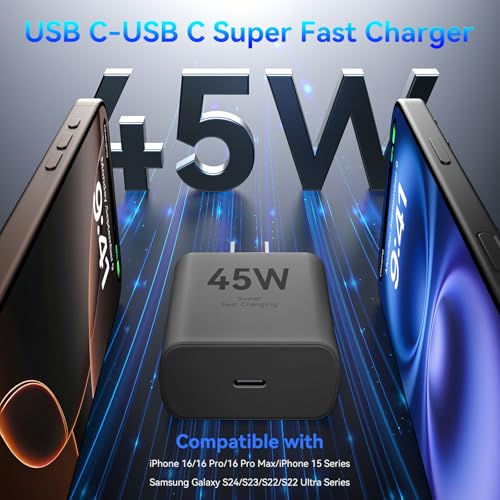 High-Speed 45 W USB-C Wall Charger for i Phone 16 Pro Max – Includes 6 FT Long Charging Cable for Ultimate Flexibility and Rapid Power Boost – Perfect for i Phone 16 Series & Samsung S24 – Compact Design with Advanced Safety Features