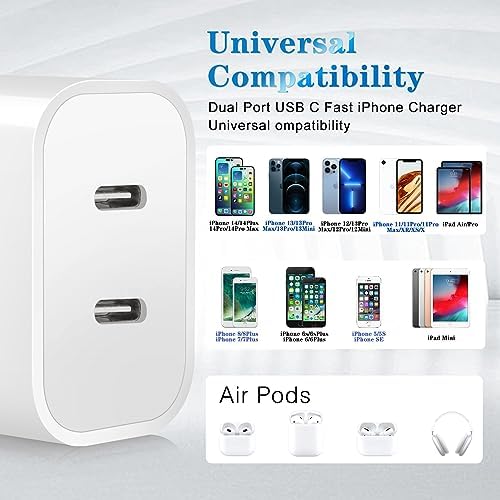 Ultra-Fast Dual Port USB-C i Phone Charger with 10 FT Quick Lightning Cables – High-Efficiency Charging Block for i Phone 14 Pro Max, 13 Pro, 12, 11, XS, XR, 8, SE – Ideal for Home and Travel, 2-Pack for Maximum Convenience and Speed