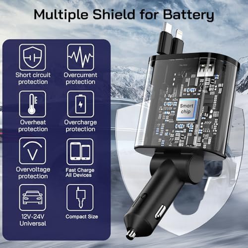 Dual-Output 69 W Retractable Car Charger Set – 4-in-1 Fast Charging Adapter with Type C and Lightning Cables for i Phone 12-16 & Samsung S23/S24 – Compact Design for Seamless Multi-Device Power on the Go