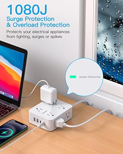 HANYCONY 15 Ft Extension Cord Power Strip with 8 AC Outlets & 4 USB Ports (2 USB-C) – 1080 J Surge Protector for Enhanced Safety, Wall Mountable Desk Charging Station for Home Office & College Dorm Essentials