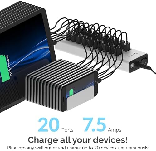 SABRENT 90 W 20-Port USB 2.0 Fast Charging Hub – Ultimate Multi-Device Power Station with UL Certified 12 V Adapter for Quick and Efficient Charging of Smartphones, Tablets, and More – Compact Design for Home and Office Use