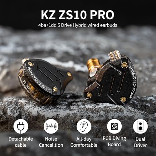 KZ ZS10 Pro Wired Gaming Earbuds – Premium 4 BA + 1 DD IEM Headphones with Microphone, Ergonomic Design for Extended Comfort, Detachable 2 PIN Cable for Versatile Compatibility, One-Button Control, Superior Sound Quality for Gamers and Audiophiles, Sleek Black Finish, Ideal for Immersive Audio Experiences
