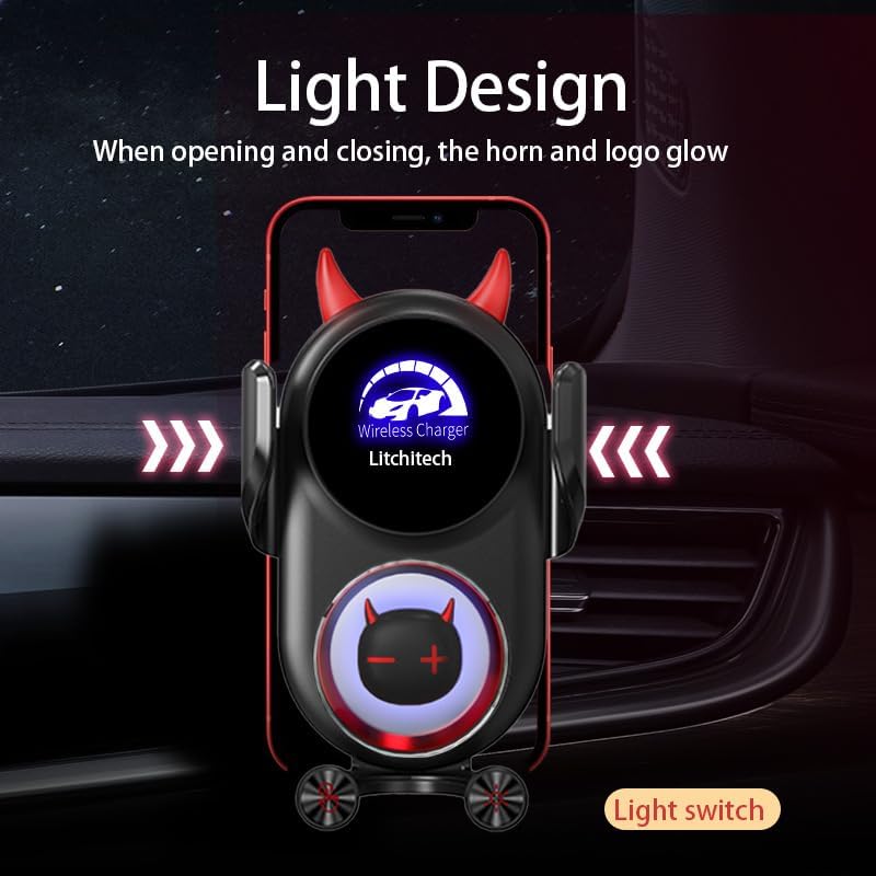 Stylish Wireless Car Charger Mount with Auto-Clamping Smart Sensor – Adorable Black Demon Design for Effortless Charging and Secure Phone Holding, Compatible with i Phone and Samsung Devices, Fast Charging Technology for Ultimate Convenience