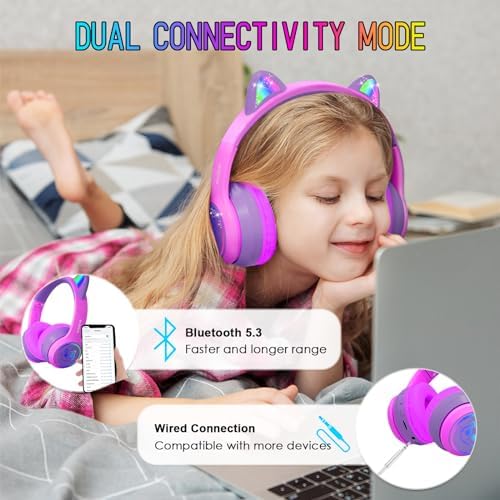 IFECCO Wireless Kids Bluetooth Cat Ear Headphones – Fun Light-Up Design with Volume Limiting Feature, Built-in Microphone, and Foldable Portability for Travel and Learning – Ultimate Gift for Young Music Enthusiasts