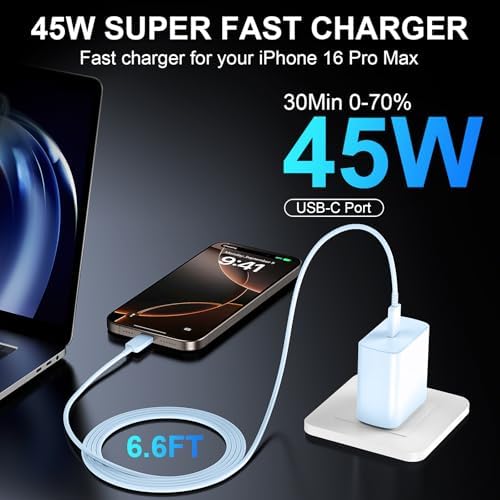 Accelerate Your Power Needs with Our 45 W Ultra-Fast USB-C Charger for Phone 16 Series – Includes a 10 ft Type C Cable in Eye-Catching Purple – Perfectly Crafted for Swift Power Delivery to Phone 16 Pro, Max, Plus & Earlier Models – Unleash Maximum Charging Efficiency and Aesthetic Appeal for Tech Enthusiasts on the Move