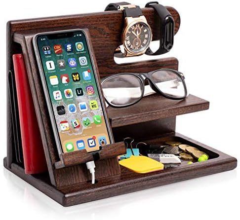 TESLYAR Wood Phone Docking Station for Men – Desktop or Nightstand Organizer – Birthday Gifts for Men, Dad – Anniversary Idea from Wife – Key Holder, Stand Wallet, Watch & Essentials (Antique Brown) – Enhanced Compatibility and Speed