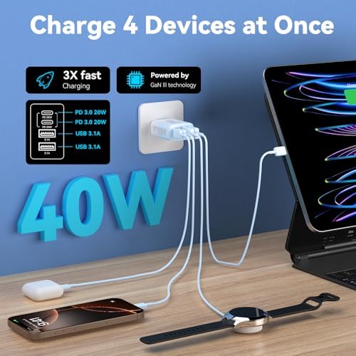 40 W USB C Charger Block – Dual Pack of 4-Port Fast Charging Power Bricks with PD & QC 3.0 Technology for i Phone 16/15/14/13/12/11 Pro Max, i Pad, Galaxy, Pixel – Sleek White & Blue Design for Convenient Multi-Device Charging