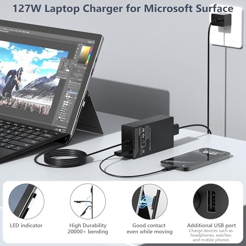 Ultra-Fast 127 W Surface Book 3 Charger with 10 FT Power Cable – Universal Compatibility for All Surface Devices Including Surface Book 1, 2, Laptop Studio, Pro Series – Dual Charging Capability with USB Port – Advanced Safety Features for Optimal Device Protection and Performance