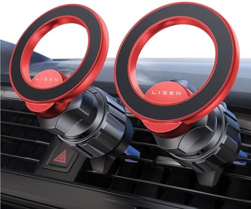 LISEN 2 Pack Magnetic Car Phone Holder for i Phones – Enhanced Mag Safe Vent Mount with 24 Strong Magnets, Hands-Free Navigation & Easy Installation, Stylish Red Design for i Phone 16, 15, 14, 13 Pro Max Plus, Ultimate Driving Convenience