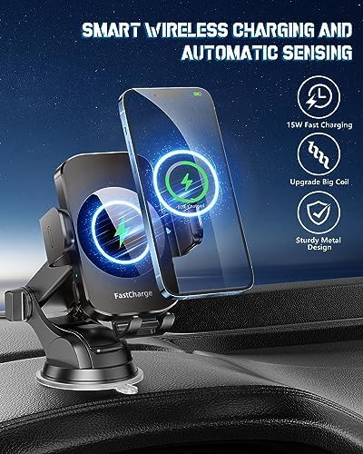 Smart Wireless Car Charger & Auto-Clamping Phone Holder – Fast Charging 3-in-1 Mount for i Phone 11-16 & Samsung Galaxy S23-S9+ – Enhanced Compatibility, Hands-Free Navigation, and Adjustable Viewing Angles for Optimal Convenience