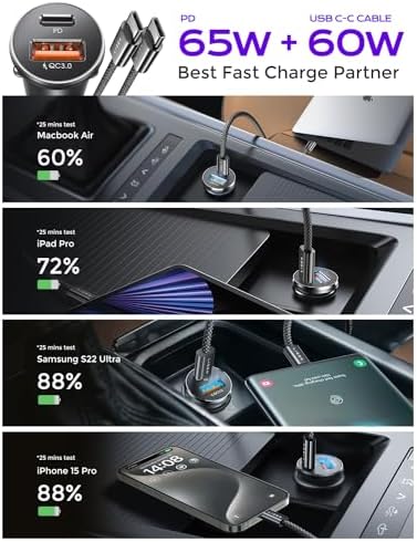 LISEN 95 W USB C Car Charger Adapter – Fast Charging PD65 W Dual Port Cigarette Lighter Charger for i Phone 15 Pro Max, Plus 14 & Samsung Galaxy – Durable All-Metal Design for Ultimate Compatibility and Convenience